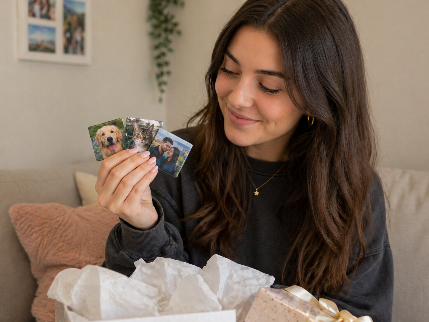 Customer holding photo magnets