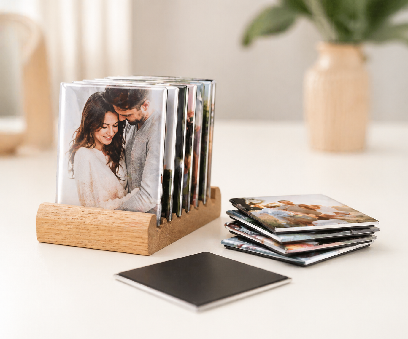 Photo magnets in wood stand